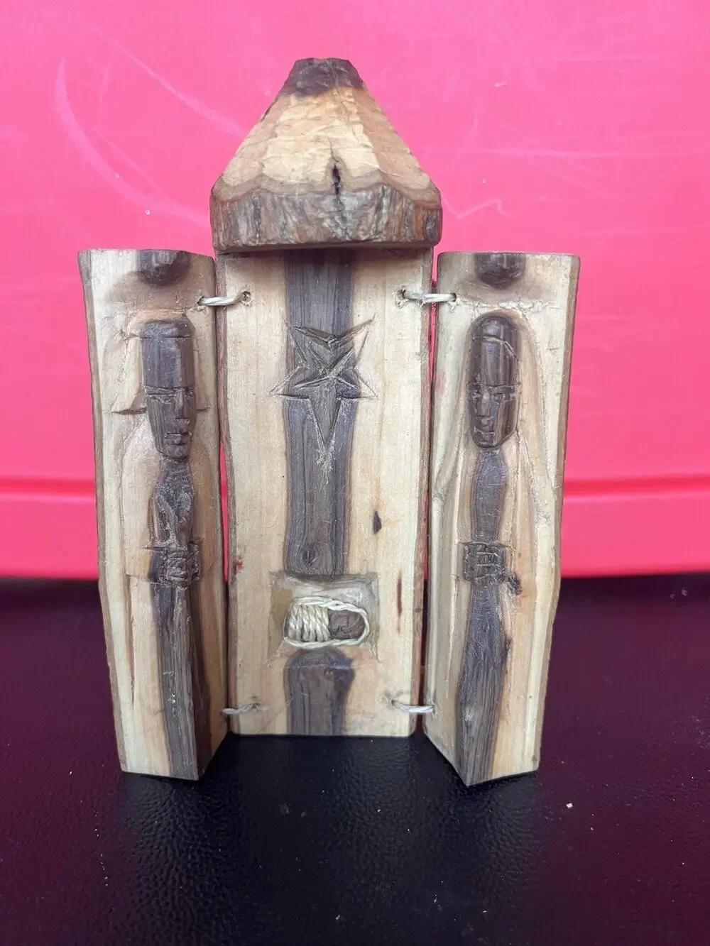 Christmas Nativity Holy Family Hand Carved Wood Vintage 3 Panels Attached